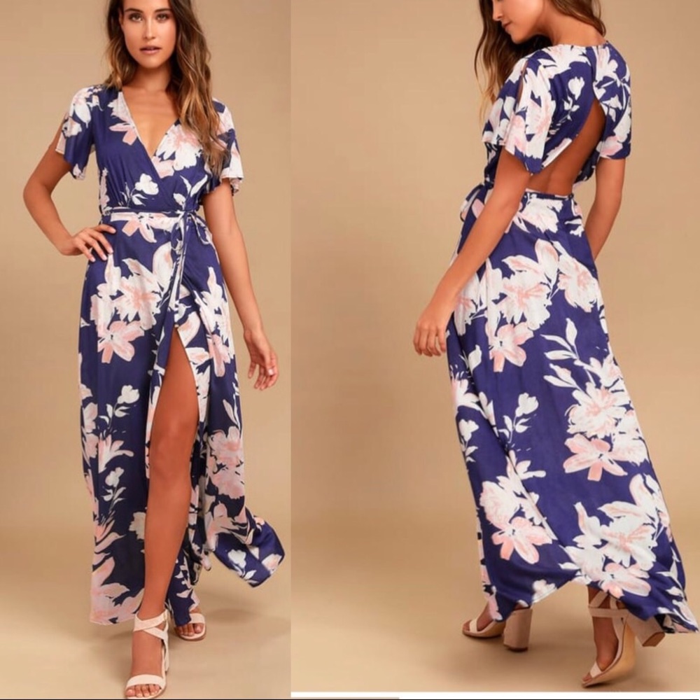 Lulus Azalea Regalia Navy Floral Wrap Maxi Dress